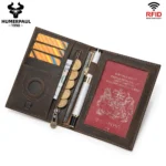 HUMERPAUL Passport Wallt with AirTag for Travel Essentials Crazy Horse Leather RFID Credit Card Holder Pen Cover Money Bag