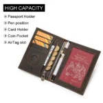HUMERPAUL Passport Wallt with AirTag for Travel Essentials Crazy Horse Leather RFID Credit Card Holder Pen Cover Money Bag - Image 3